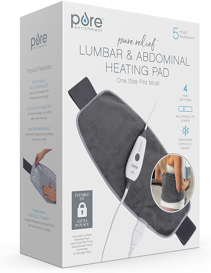 Pure Enrichment PureRelief Lumbar & Abdominal Heating Pad - 4 Heat Settings, Adjustable Belt, Hot/Cold Gel Pack, and Storage Bag - Ideal for Back Pain and Abdominal Cramps