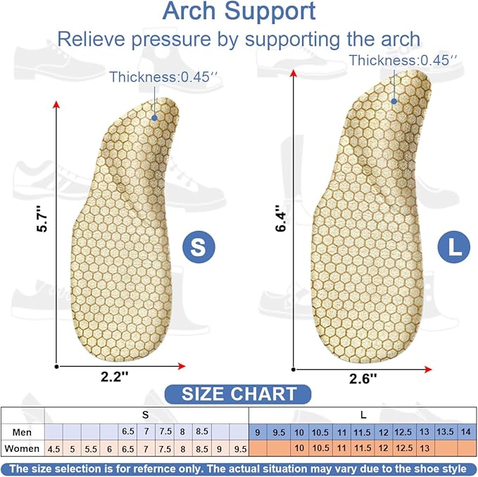 Dr.Foot Arch Support Shoe Inserts for Plantar Fasciitis Relief, Self-Adhesive Arch Pads Heel Cushion for Flats, Heel Pain, Gel Arch Insoles for Men and Women 2 Pairs (Apricot, Large)