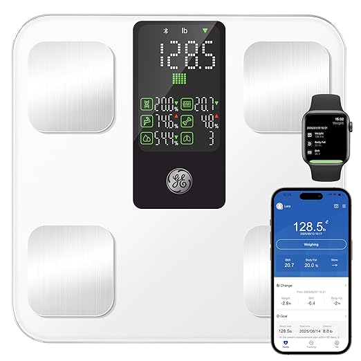 GE Smart Body Weight Scale, with 8-in-1 Display for BMI Body Fat Muscle Mass, Digital Bathroom Bluetooth Scale, 14 Composition Analyzer for Health Monitoring, 11.8", Accurate 400lb Weighing, White
