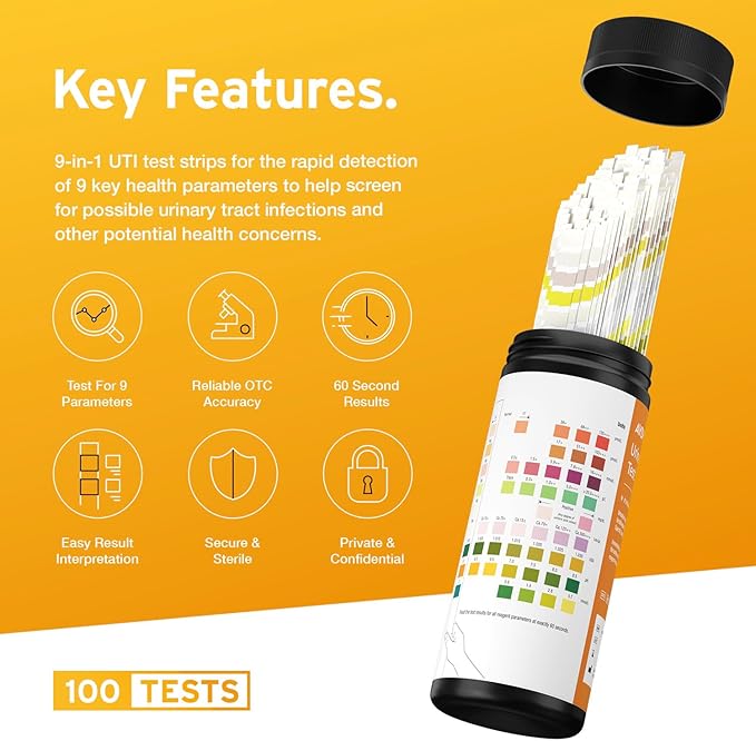 100 x AYDMED 9-in-1 UTI Test Strips | 9 Parameter Urine Test Strips for Leukocytes, Nitrite, Specific Gravity, pH, Protein, Urobilinogen, Bilirubin, Ketone & Ascorbic Acid | FSA & HSA Eligible