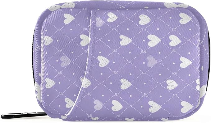 Diamond Grid Purple Hearts Travel Pill Organizer Case Box Container Weekly Portable Vitamin Medicine Holder Storage Bag with Zipper Removable