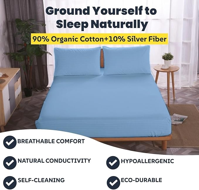 OKOHEY Grounding Fitted Sheets with 15ft Earthing Cord, King Size, 90% Organic Cotton + 10% Silver Fiber, Soft & Breathable Grounded Sheet for Better Sleep and Enhanced Wellness, Light Blue