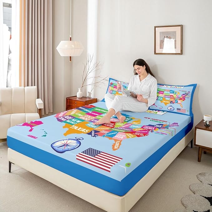Geography USA Map Bed Sheet Set Twin Size, Educational Map Fitted Sheet for Kids World Geography Bedding Set Learning Educational Bed Cover Bed Set 2Pcs (No Flat Sheet)