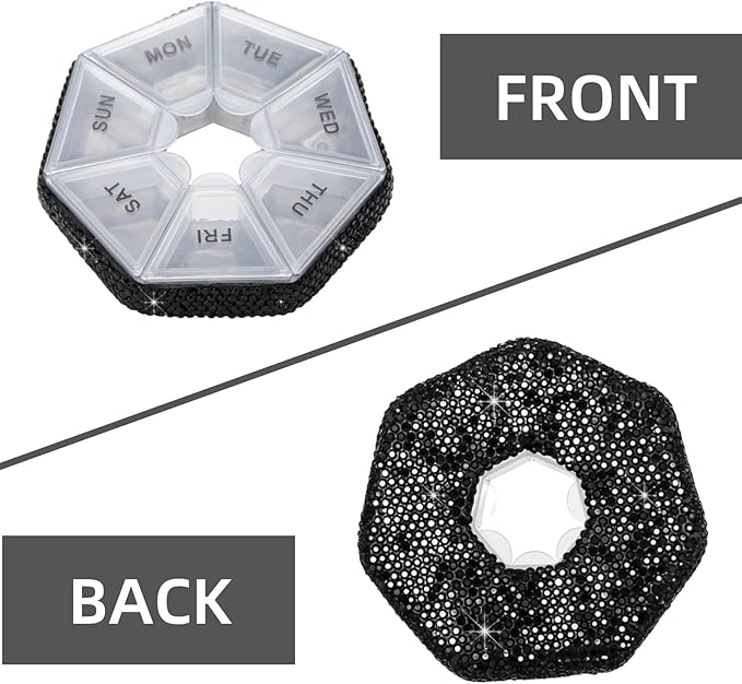 Round Pill Organizer Small Weekly Pill Case for Purse Bling Cute Medicine Pill Box Compact Vitamin Container 7 Day Daily Pill Holder Planner(Black)