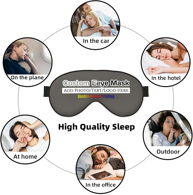 Custom Sleep Eye Mask Personalized Men Women Blindfold Design Your Own Photo Text Logo Adjustable Strap Soft Eyeshade Customized Blackout Eye Cover for Home Offices Travel Charcoal