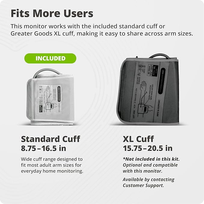 Greater Goods Bluetooth Smart Blood Pressure Monitor – Automatic Digital Upper Arm BP Machine for Home Use, 8.7”–16.5” Standard Cuff, Compatible with XL Cuff, Large Easy-to-Read Display, Complete Kit