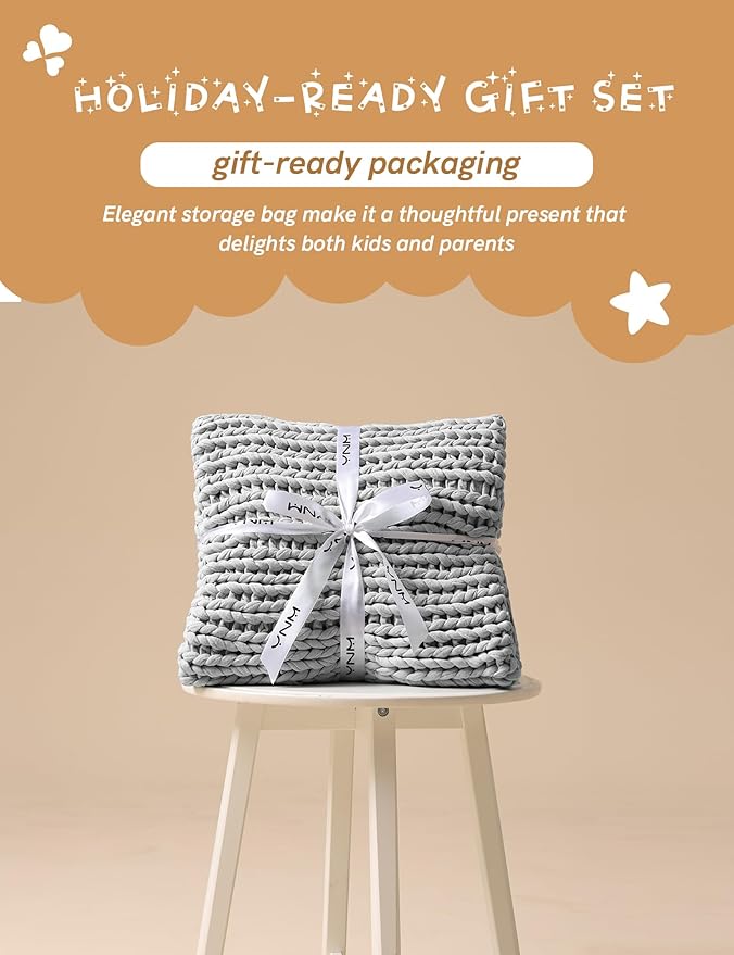 YnM Cooling Weighted Blanket, 100% Cotton Handmade Chunky Knitted Blanket, Weighted Lap, Breathable Heavy Blankets, Machine Washable Throw for Sleep or Home Decor (Light Grey, 40x50 Inch, 7lbs)