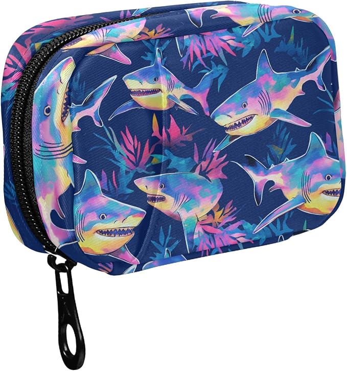 Fustylead Beautiful Tie Dye Sharks Travel Pill Organizer Case Zipper for Purse with Removable Weekly Pill Box for Medicine, Vitamin, Supplement Medicine Organizer