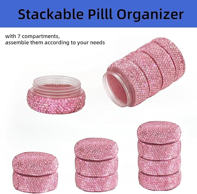 Pill Organizer Travel Medicine Supplement Organizer Weekly Pill Box 7 Day Daily Vitamin Cases Portable Stackable Pill Caddy for Women(Pink)
