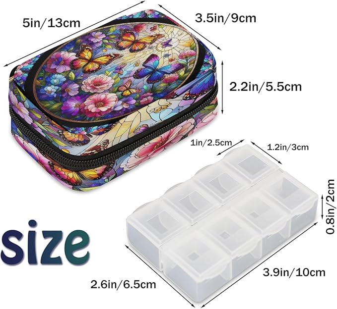 Stained Glass Butterflies Flowers Travel Pill Organizer Box Weekly Portable Pill Case Daily Pills 7 Day Small Birth Control Pills Container Removable Compartments for Medicine Vitamins Fish Oil
