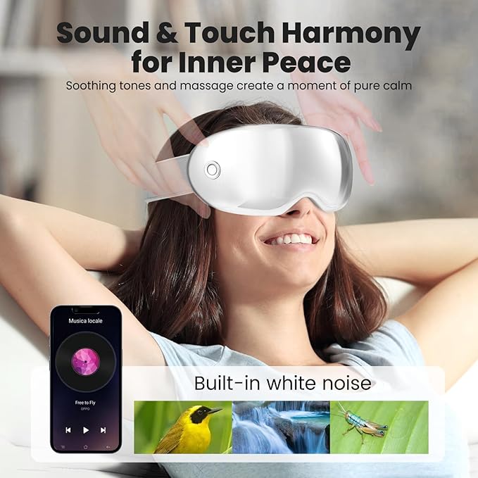 BOKOR Eye Massager with Heat & Wireless Music, Acupressure Massage for Migraines, Heated Eye Mask for Stress Relief, Sleep, and Dark Circles, for Teens, Gaming and Travel