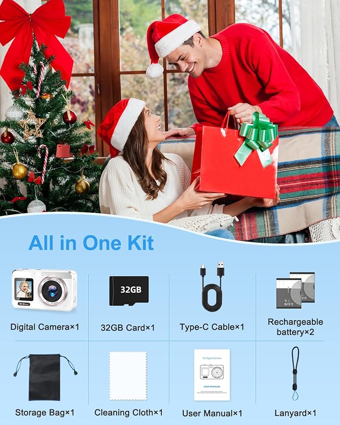 5K Digital Camera, 80MP Dual Screen Autofocus Vlogging Camera, 18X Zoom Point and Shoot Camera for Photography, Flash, 32GB Card, 2 Batteries, Compact Camera for Teens Adults (White)