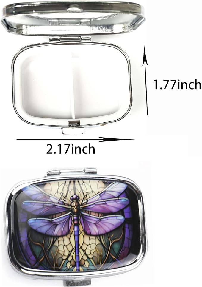 WATASSA Pill Box with Animal Style Mirror All-in-One 2-Compartment Portable Medicine Organizer, Marble Pattern Travel Pill Case for Vitamins&Daily Medication(Fits Pocket/Purse) (Violet Dragonfly)