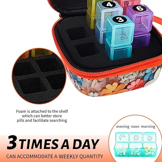 Weekly Pill Organizer, 7-Day Medicine Box with Hard Shell Case, 3 Times Daily Dosage Schedule, Plastic Rectangular Design, Includes Pill Cutter and Weekly Stickers(Flowers)