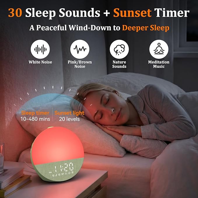 Wake Up Sunrise Alarm Clock: 10-60 Minutes Simulate Sunrise for Gentle Wake Up - 20 Adjustable Brightness Bright Enough for Heavy Sleepers - Dual Alarms with Sound Machine