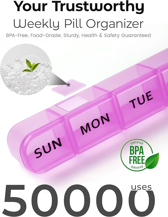 2-Pack Weekly Pill Organizer, 7 Day Large Pill Box with Clear Compartments, BPA-Free Medicine Case, Easy Open & Secure Close, Travel Pill Holder for Vitamins & Supplements - Pink&Purple