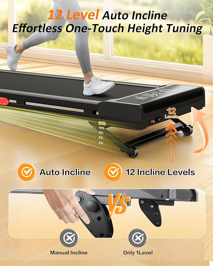 Treadmill with Auto Incline,12-Level Incline Walking Pad Treadmill with Handle Bar,3.0HP Quiet Under Desk 350 lbs Weight Capacity 2 in 1 Foldable Treadmills Walking LED Display for Home Office Gym