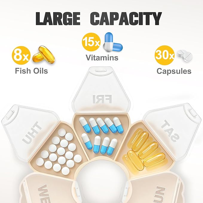 Enlarged Weekly Pill Organizer 7 Day, Daily Pill Box with Never Faded Etched 3D Date Labels, Travel Pill Case with Large Compartment for Medication, Vitamin, Fish Oil, Supplements-Beige