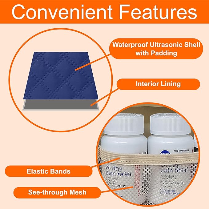 Large Travel Pill Bottle Organizer, Slim Medicine Bag, Carrier for Medications and Medical Supplies - Navy Ultrasonic