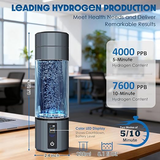 Premium Hydrogen Water Bottle Generator, Up to 6700+ PPB Water Hydrogenator with Color Screen and Timer-Enabled, 8 oz Hydrogenated Water Bottle, SPE+PEM Tech, Hydrogen Water Generator, Gift Box