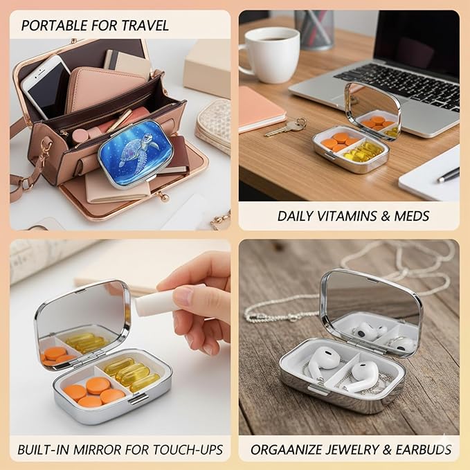 Square Pill Case Small Pill Box with Mirror Pocket 2 Compartment Vitamin Pill Medicine Case Organizer Pill Containers for Traveling Tranquil Sea Turtle
