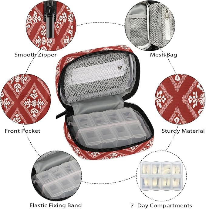 Boho Plaid Pattern Pill Case Everyday Travel, 7 Day Weekly Medicine Pill Box Compact Portable Pills Bottle Organizer with Zipper for Daily Vitamin Medicine Holder Bottle Organizers Bag