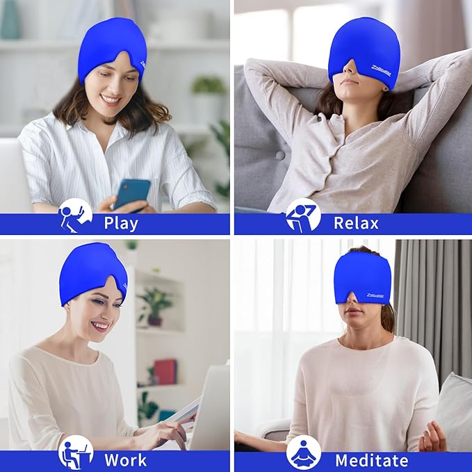 ZNÖCUETÖD Migraine Headache Relief Cap Hat Full Head ice Pack Wrap Cooling Gel Ice Beanie Cold Cap Hot/Cold Compress Therapy for Sinus, Stress, Tension, Hangover Headache Pain Relief Gift Men Women