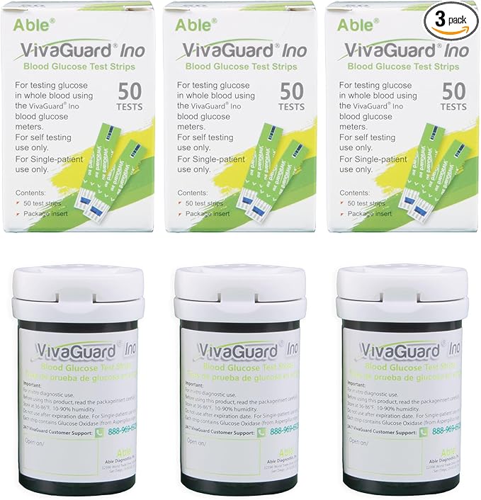 Vivaguard Ino Blood Glucose Test Strips for Diabetes - 150 Counts Accurate Diabetic Test Strips for Monitoring Blood Sugar - Compatible with Vivaguard Ino Glucometers Only, Green