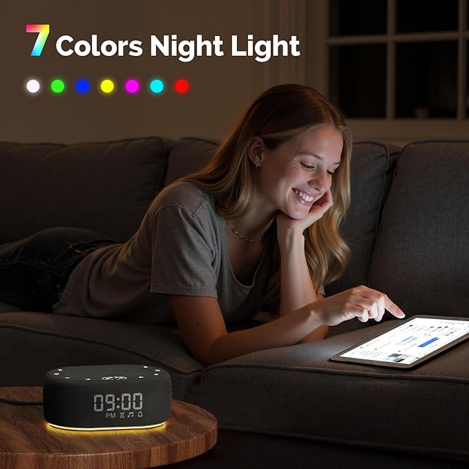 1Mii White Noise Sound Machine with Alarm Clock, Sound Machine for Sleep for Adults Baby, 30 Soothing Sounds, Smart App Controlled, Dimmable 7-Color Night Light, Sleeping Timer, 30 Volume Levels
