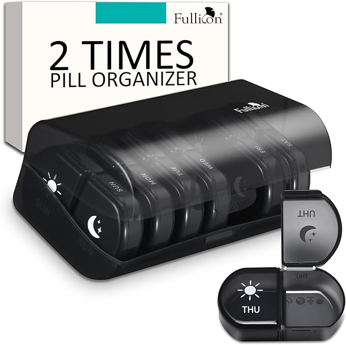 Fullicon Large Capacity Pill Organizer, Secure Pill Case with Durable Printing, Spill Proof Daily Pill Organizer, 7 Day Pill Box Organiser Travel Pill Organiser (Black)