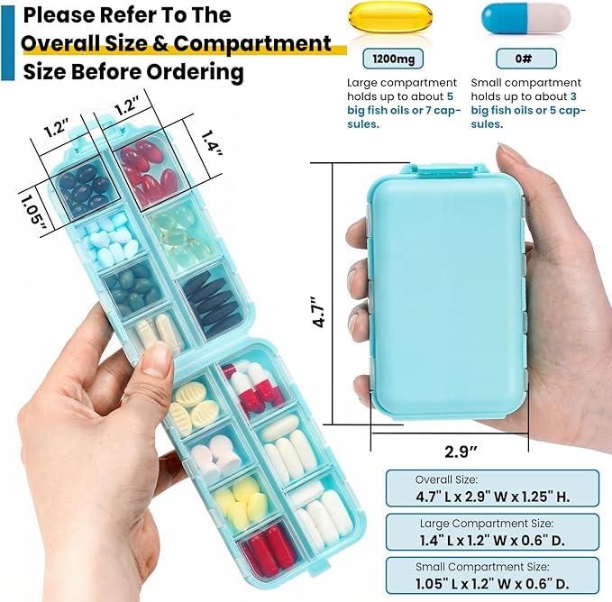3 Pack 14 Grids Travel Pill Organizer Box with 415-Pcs Medicine Name Labels - Pocket Daily Pharmacy Case Container Kit - Travel Medication Holder Dispenser for Fish Oil Vitamin, Khaki+Grey+Sky Blue