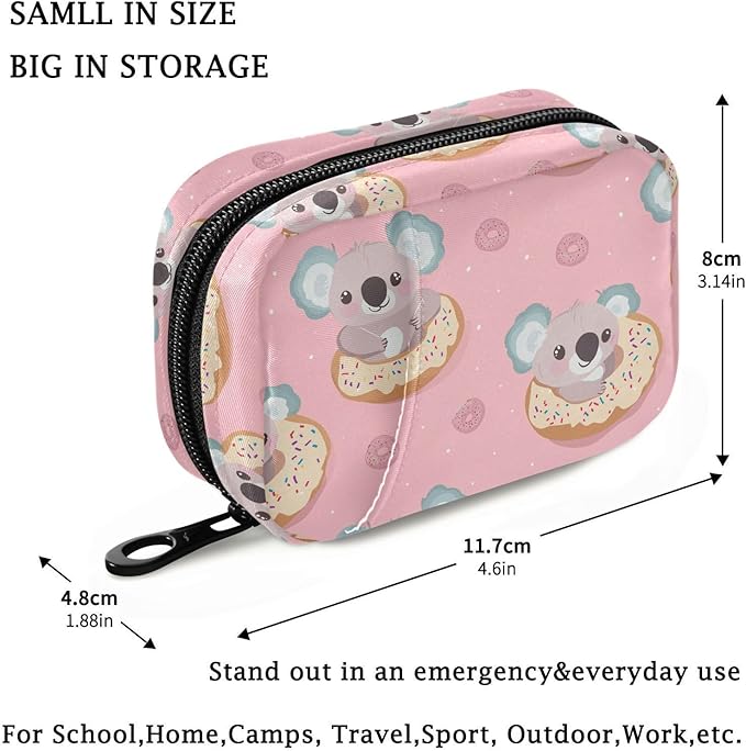 Fustylead Cute Koala Bear and Sweet Donuts Travel Pill Case Bag with Zipper Weekly Pill Box 8 Compartments 7 Day Personal Pill Case Purse Medicine Case Organizer
