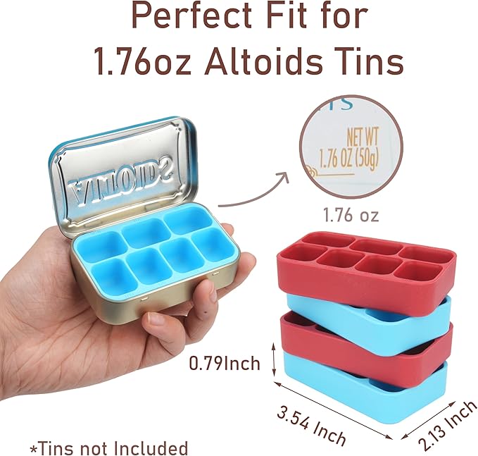 Luvcosy 4 Pack Silicone Tin Organizer Inserts Compatible with Altoids Mint Tins 1.76oz, Food-Safe Tin Divider for Weekly Pills, Candy, Screws, Fishing Gear, Paint Supplies, Jewelry Storage