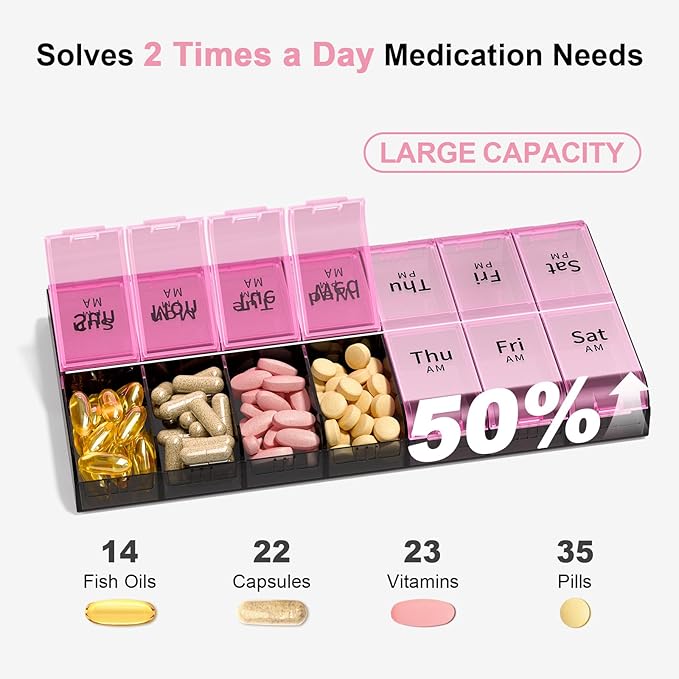 Daviky XL Large Weekly Pill Organizer 2 Times a Day, Extra Big 7 Day Pill Box AM PM, Daily Pill Case Medicine Organizer with 14 Compartments, Day Night Container for Fish Oils, Vitamin, Supplement