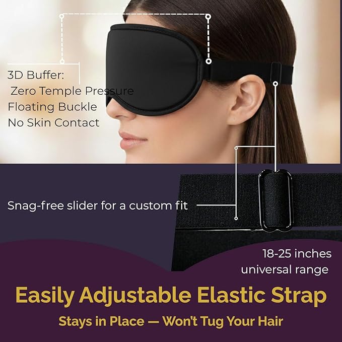 3D Sleep Mask for Back Sleepers - True Blackout Eye Masks for Sleep - Zero Eye Pressure Nose Seal Eye Cover for Meditation, Naps & Travel, Adjustable & Comfortable - Jet Black