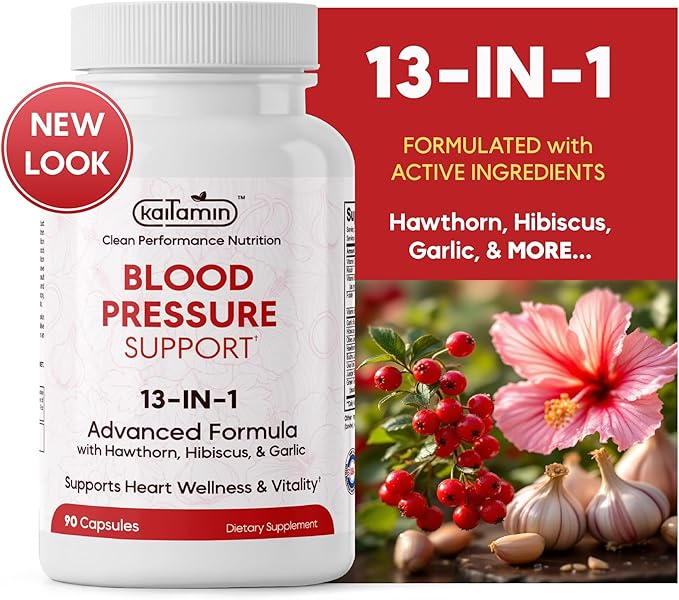 Blood Pressure Support Supplement - Circulation Support & Heart Health Supplements - 13-in-1 Formula with Hawthorn Berry, Hibiscus & Garlic Supplements - 90 Capsules (3-Month Supply)