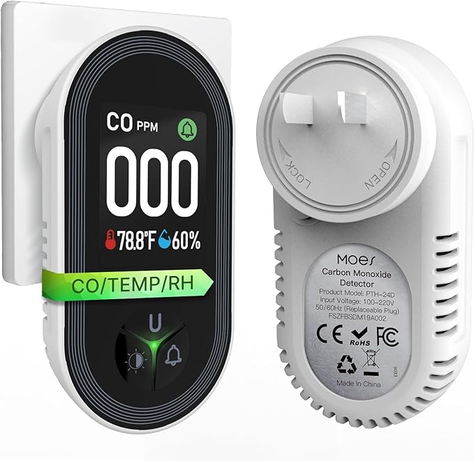 MOES Carbon Monoxide Detectors Plug in, 3 in 1 Carbon Monoxide Detector with Temperature Humidity Sensor Built-in, CO Monitor Alarm Sound Warning for Kitchen/Garage/Fireplace/RV