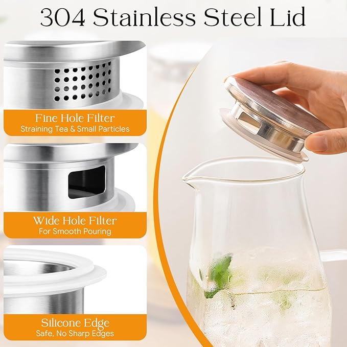 OneDream 68oz Square Glass Pitcher with Lid, 2 Pack Heat-Resistant Borosilicate Glass Water Pitcher, Wide Mouth Round Glass Pitcher with Handle, Leak-Proof Silicone-Edged Lid, for Iced Tea, Juice