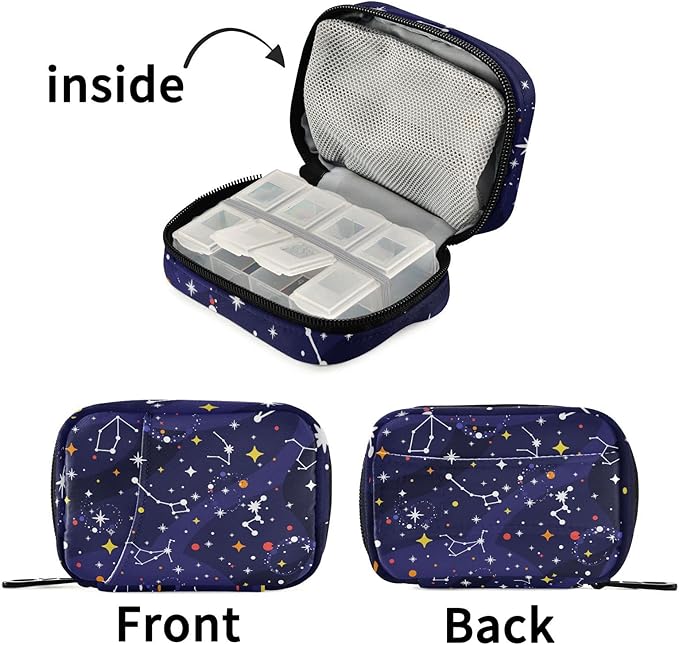 Pill Box Star Constellation Zodiac 7 Day Pill Case Travel Pill Organizer Bag with Zipper Portable Weekly Vitamin Medicine Supplement Holder Pouch Bag