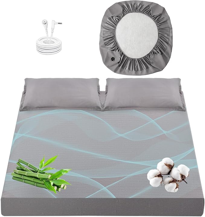 Queen Size Grounding Sheet, Earthing Fitted Bed Sheet with 50% Bamboo Viscose, 45% Organic Cotton, 5% Silver Fiber for Deep Sleep & Anxiety Relief, 15" Deep Pocket, 60x80 Inches