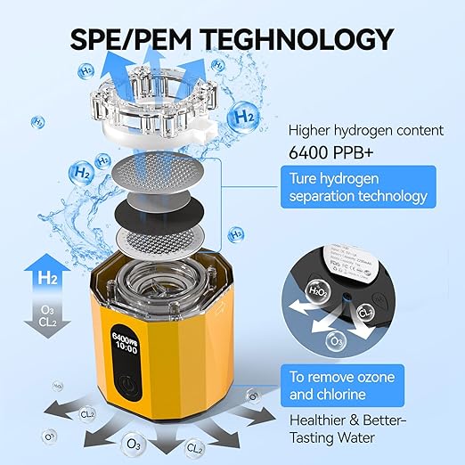 Upgrade Hydrogen Water Bottle, Up to 6400PPB Hydrogen Water Generator -SPE PEM Tech, 7OZ Food-Grade PC Hydro Water Machine, Health Care Gifts for Husband, Wife, Family, Friends, Travel (Yellow)