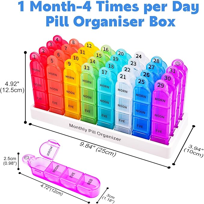 Cruxer Monthly Pill Box Organiser 4 Times a Day, Daily Travel Pill Boxes, Medicine Storage Box, Pill Dispenser 1 Month 32 Compartments, Tablet Organiser to Hold Vitamins, Fish Oil, Supplements