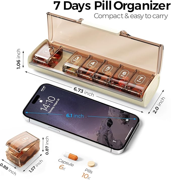 Weekly Pill Organizer,Portable 7 Day Pill Box,Moisture Proof Medicine Pill Organizer,Travel Pill Case with BPA-Free Material,Pocket-Size for Supplements & Vitamins (White)