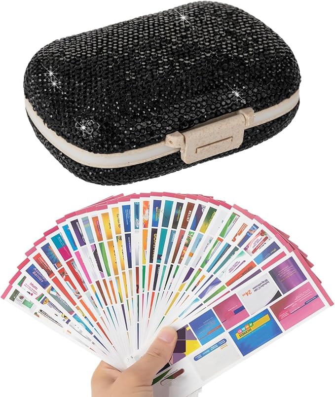 Pill Organizer with Labels Bling Pocket Pill Case with Stickers Travel Medicine Kit Holder Small Purse Pill Box Container Portable Mini Medication Storage (Black & 300 Labels)