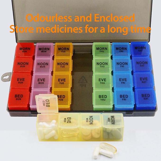 Weekly Pill Organizer 4 Times a Day, 7-Day Pill Boxes, Monthly Medication Organizer 28 Days Portable Compartments & Moisture-Proof Black Outer Case for Vitamins, Fish Oils, Supplements(Color)
