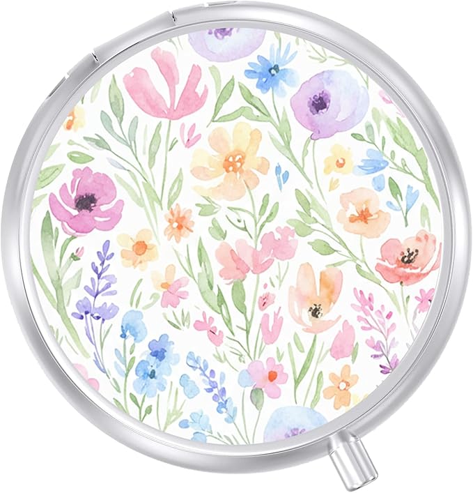 Round Pill Case Small Pill Box with Mirror Pocket 3 Compartment Vitamin Pill Medicine Case Organizer Pill Containers for Traveling Oil-Painted Wildflowers One