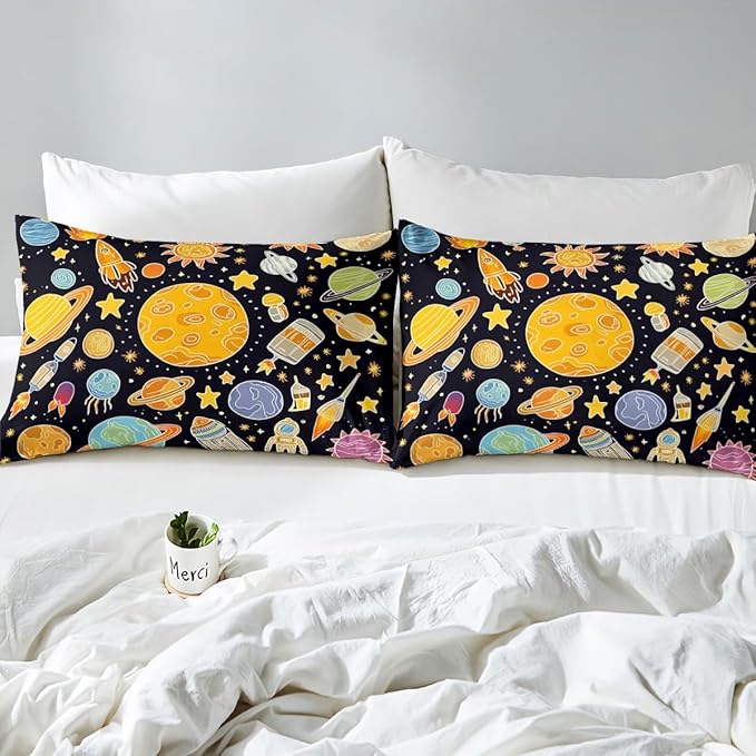 Outer Space Solar System Bed Sheet Set Full - Fitted Sheet for Kids, Planet Bedding for Boys Girls, Educational Bed Cover 3Pcs (No Flat Sheet)