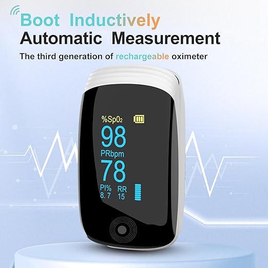 Fingertip Pulse Oximeter, Blood Oxygen Saturation (SpO2) Monitor for Fast Readings, Track Heart Rate, Respiration Rate (RR) & PI, Rechargeable with Rotatable OLED Display, 6 Modes, Portable - White