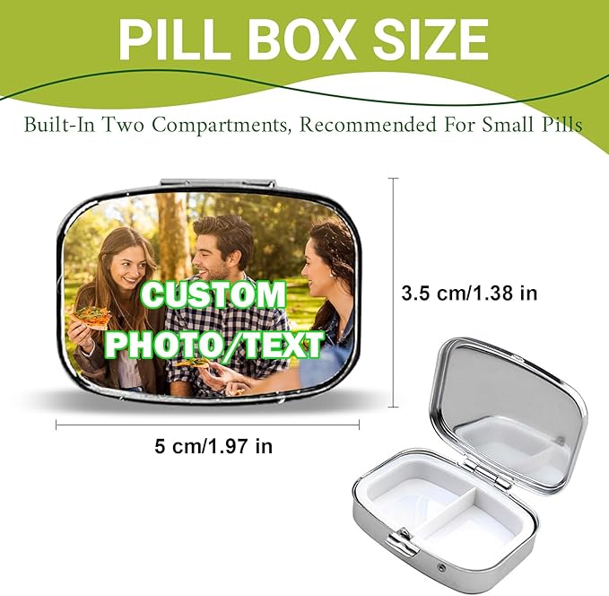 Custom Pill Box Organizer Travel With Photo,Logo,Text Personalized Metal Medicine Pill Case Waterproof Tablet Vitamin Holder Organizer for Purse Pocket Travel Gifts with Mirror&Key Rings 2 Compartment