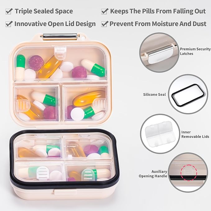 Daviky Travel Pill Organizer,Small 7-Compartment Pill Box for Vitamins & Medications, Compact Medicine Case for Pocket or Purse(White)